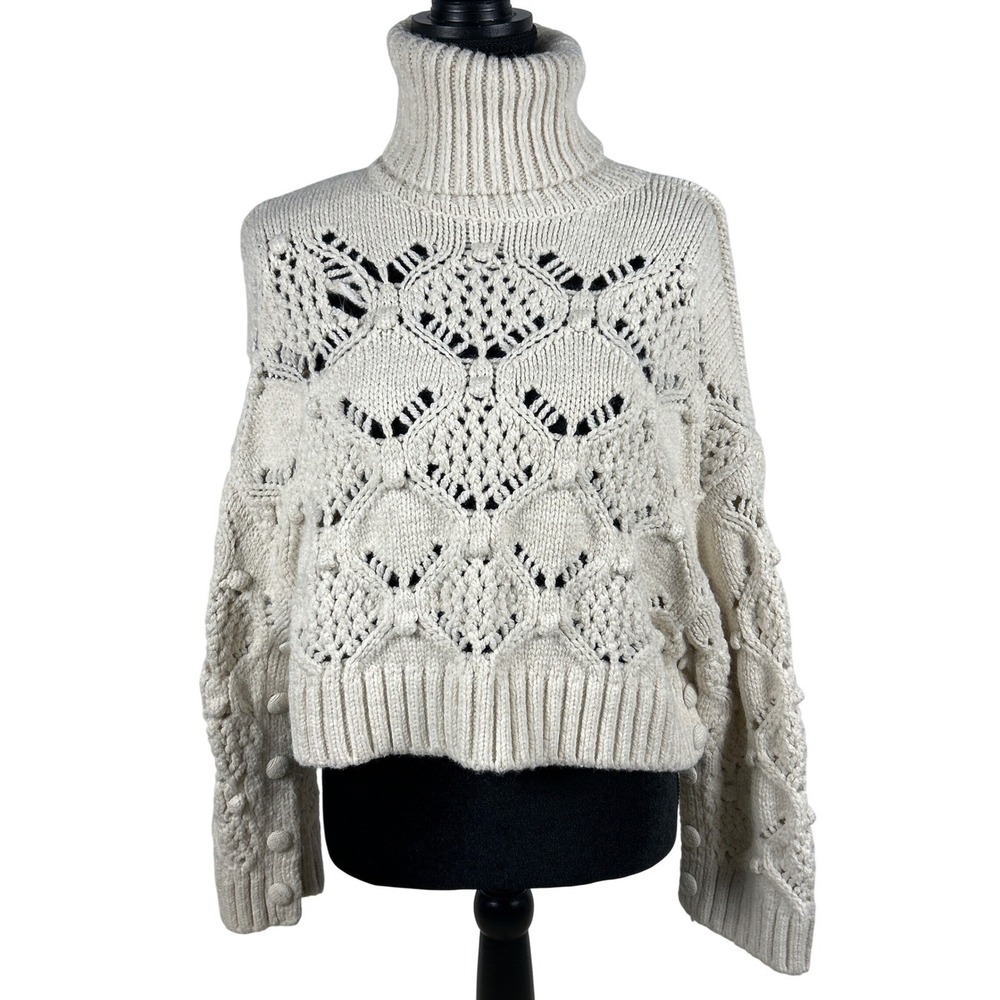 Zara Womens Cream Chunky Knit Turtleneck‎ Sweater Bobble Sleeve Cropped Size M